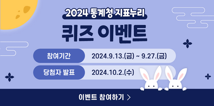 2024 통계청 지표누리
퀴즈 이벤트
참여기간 : 2024.9.13(금) ~ 9.27.(금)
당첨자 발표 : 2024.10.2.(수)

이벤트 참여하기